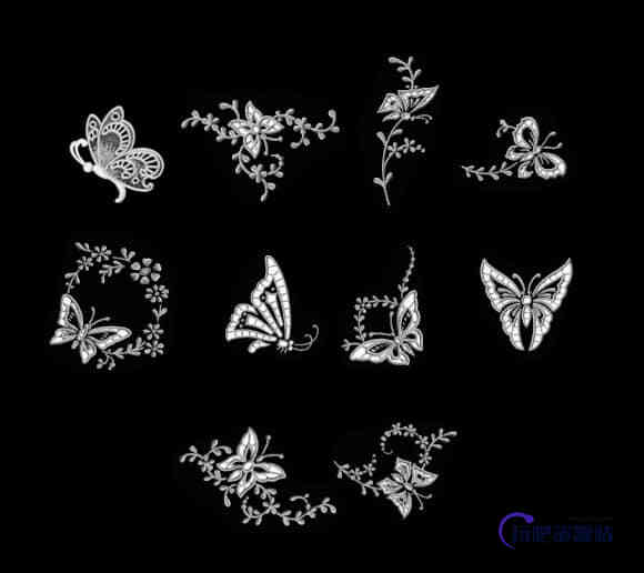 镌刻的蝴蝶花纹艺术图案Photoshop笔刷素材