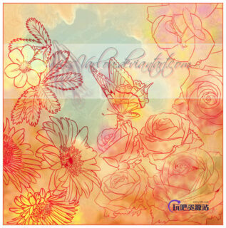 PS线稿鸟语花香花纹图案、手绘线框蝴蝶与花朵PS印花笔刷-玩吧资源站