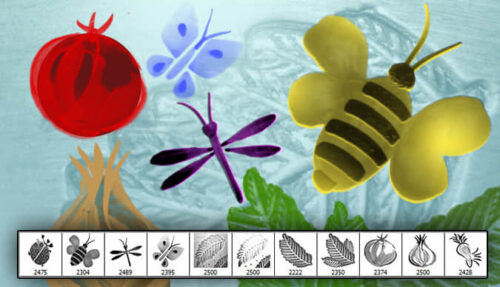 11种涂鸦图形昆虫、绿叶、蔬菜等PS笔刷素材-玩吧资源站