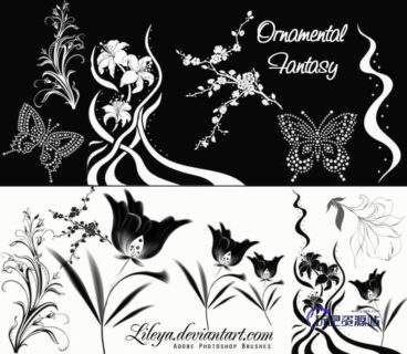 优美的鲜花图案、树枝花朵蝴蝶PS笔刷下载-玩吧资源站
