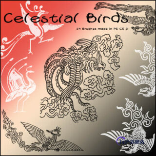 中国古代神话传说凤凰、神鸟、神禽图腾印花图案Photoshop笔刷素材-玩吧资源站