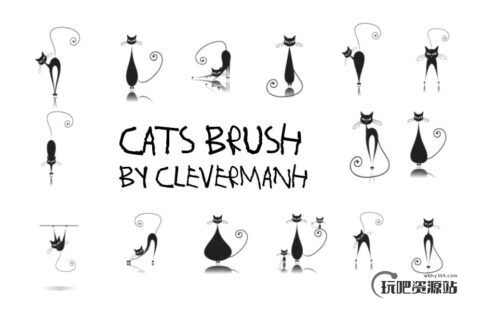 优雅的高贵的手绘猫咪卡通造型PS笔刷素材-玩吧资源站