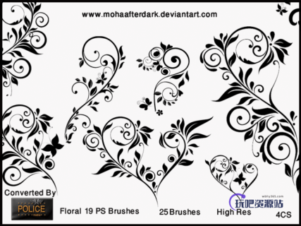 优美典雅的植物茎叶花纹图案PS印花笔刷-玩吧资源站