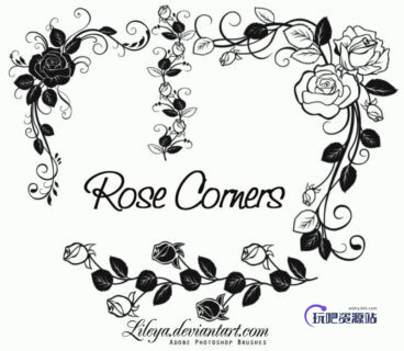 植物玫瑰花朵花纹、花圈、花环印花图案Photoshop玫瑰花笔刷-玩吧资源站