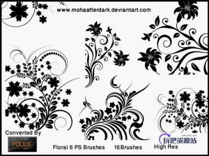 漂亮秀美的植物印花艺术图案Photoshop笔刷素材-玩吧资源站