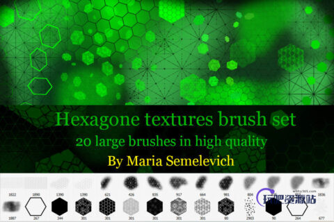 菱形、六边形蜂窝状背景图案Photoshop科技元素笔刷-玩吧资源站