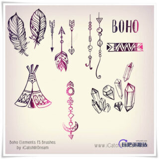 手绘涂鸦羽毛、挂坠图案、水晶矿钻Photoshop笔刷素材-玩吧资源站