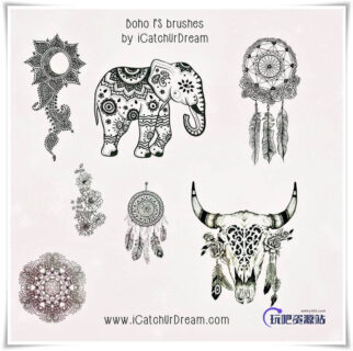 手绘小清新大象、挂嘴饰品、羊头花纹装饰品图案PS笔刷素材-玩吧资源站