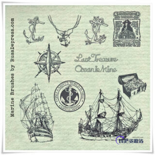 船锚、西式帆船、宝藏、指南针符号PS航海元素笔刷-玩吧资源站