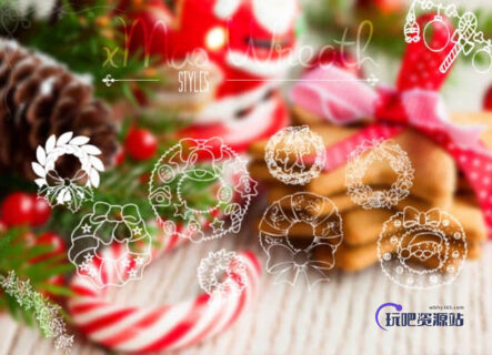 圣诞节花圈、花环装饰品线框图案ps笔刷素材-玩吧资源站