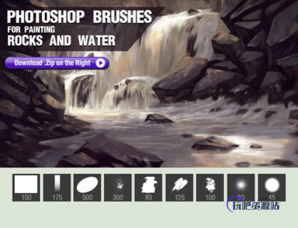 岩石和水笔触的CG插画笔刷Photoshop数字艺术绘画笔刷(含有工具预算TPL文件)-玩吧资源站