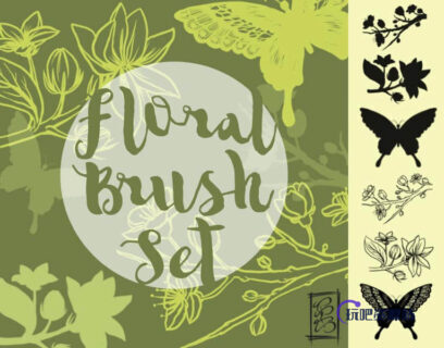 蝴蝶和树枝花纹图案Photoshop笔刷素材下载-玩吧资源站