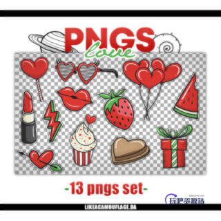13种红色爱心卡通饰品、可爱美图PS笔刷（png透明格式）-玩吧资源站