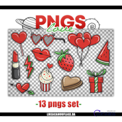 13种红色爱心卡通饰品、可爱美图PS笔刷（png透明格式）