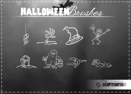 手绘万圣节坟墓、骷髅头、巫师帽子、幽灵等卡通装扮PS美图笔刷-玩吧资源站