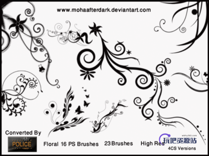 优雅艺术花纹图案、漩涡式植物印花PS笔刷素材-玩吧资源站