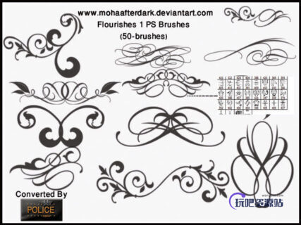 精美的植物印花花纹、优雅花纹图案PS笔刷素材-玩吧资源站
