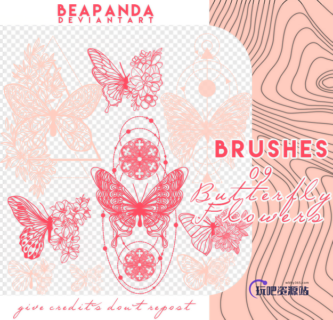 精美蝴蝶花纹图案、线条蝴蝶艺术PS笔刷素材-玩吧资源站
