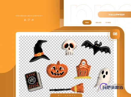 可爱万圣节卡通巫师帽、南瓜、墓地、蝙蝠、幽灵、魔法书等元素PS照片美化笔刷（PNG图片格式）-玩吧资源站