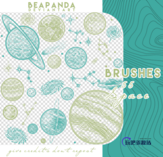 手绘涂鸦星球、恒星、月球、星星、地球等图案PS笔刷素材-玩吧资源站
