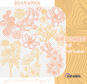 20种线框式鲜花图案、花朵纹理PS笔刷素材-玩吧资源站