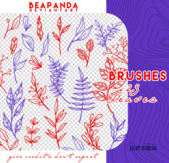 手绘漂亮的植物叶子、野草图案PS笔刷素材-玩吧资源站
