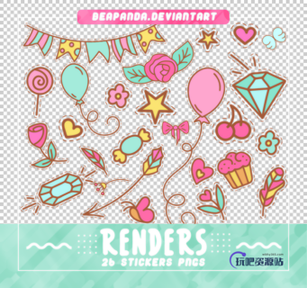 七彩卡通气球、横幅、五角星、糖果、花朵、爱心、纸杯蛋糕等可爱元素PS笔刷素材（PNG图片格式）-玩吧资源站