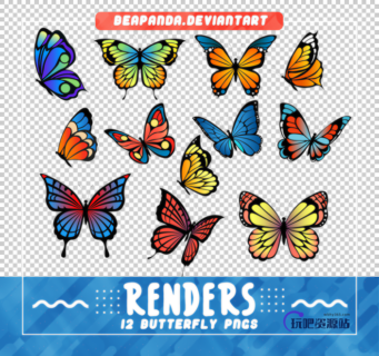 12种卡通七彩蝴蝶图案PS笔刷素材(PNG图片背景透明格式)-玩吧资源站