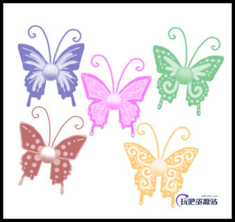 漂亮的七彩卡通蝴蝶图案Photoshop笔刷素材-玩吧资源站