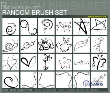 手绘涂鸦式五角星、爱心、蜗牛、青蛙、蝴蝶等PS童趣笔刷-玩吧资源站