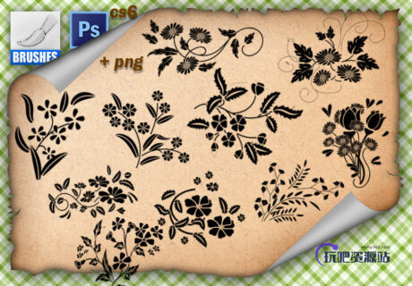 矢量风格的野花野草花纹图案Photoshop笔刷下载-玩吧资源站