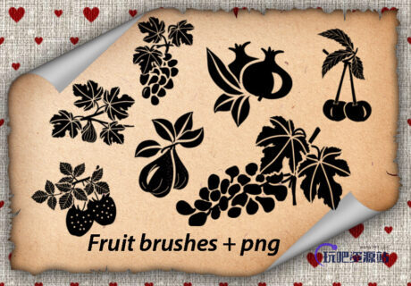 葡萄花纹、草莓剪影图案、樱桃矢量图形PS剪贴画笔刷-玩吧资源站