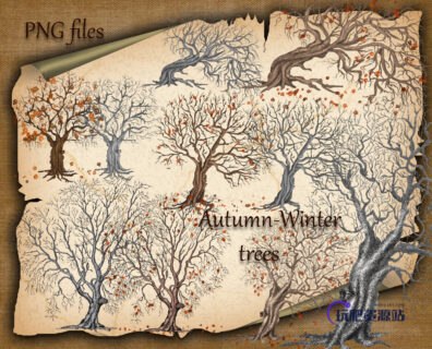 枯树效果、秋天的大树剪影图形PS笔刷下载（PNG透明格式）-玩吧资源站