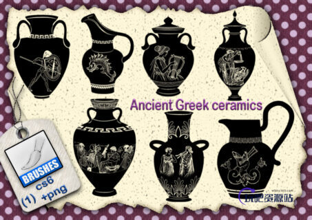 古希腊文化水罐、罐子元素图案PS笔刷素材下载-玩吧资源站