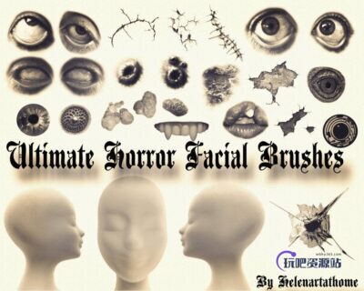 恐怖眼睛、牙齿等僵尸缝合纹理PS笔刷下载-玩吧资源站