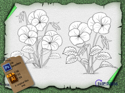 漂亮的三色堇鲜花花纹图案PS笔刷素材（含Ai矢量文件）-玩吧资源站