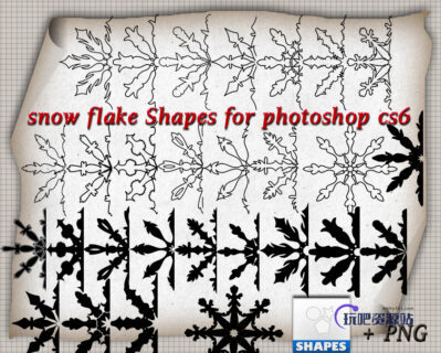 手绘对称的雪花花纹、冰晶印花PS花纹笔刷（.csh自定义形状ps素材）-玩吧资源站