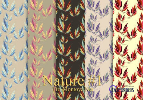 5种树叶花纹Photoshop背景填充素材下载-玩吧资源站