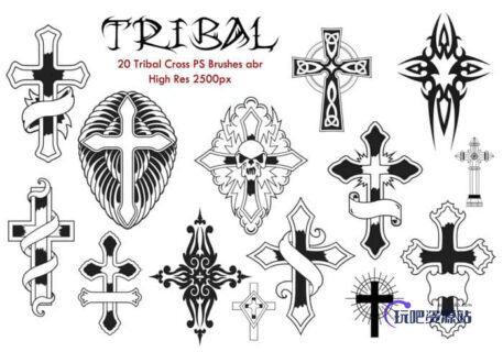 花式十字架、刺青十字架纹饰图案Photoshop笔刷-玩吧资源站