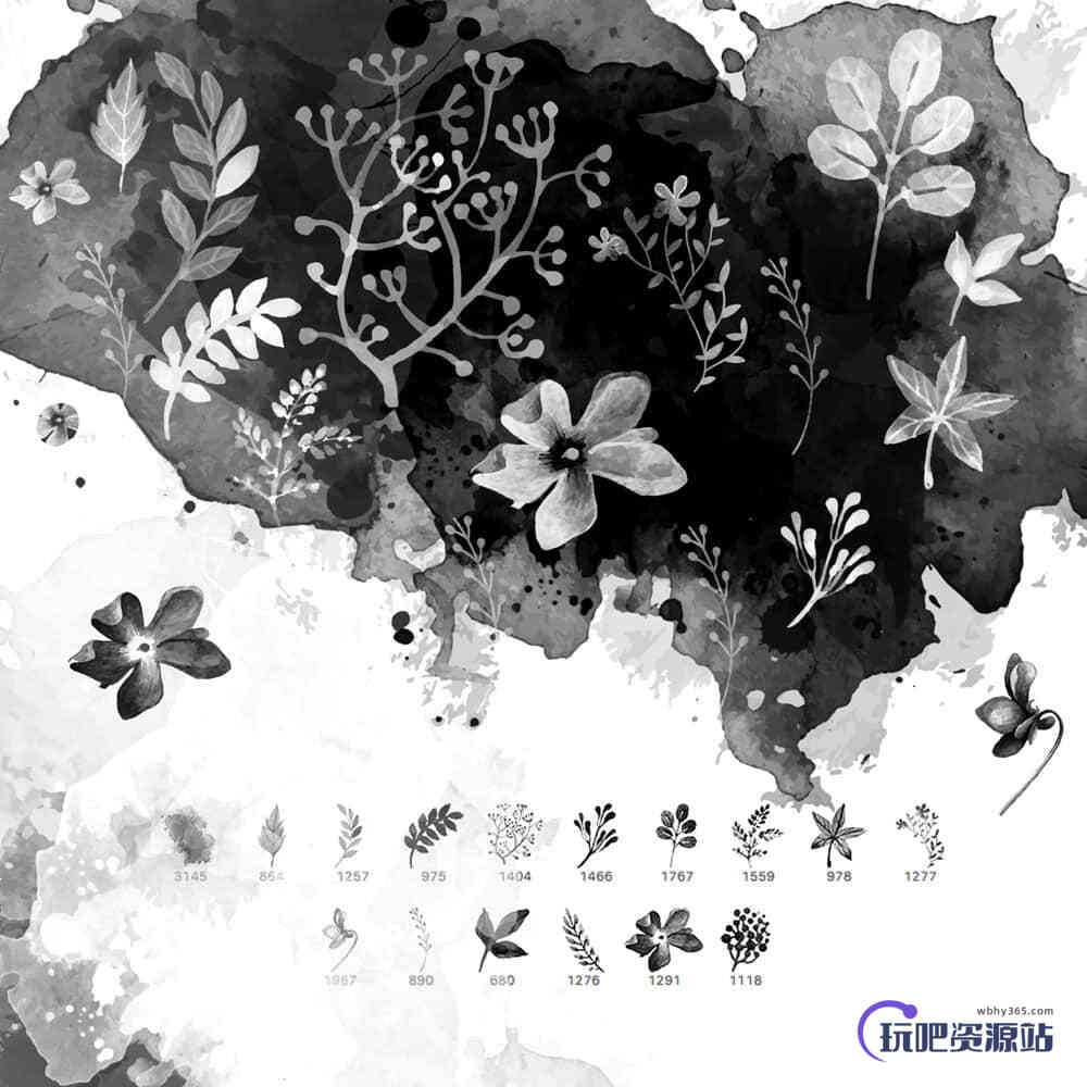 16种水彩花卉、花纹图案PS笔刷下载