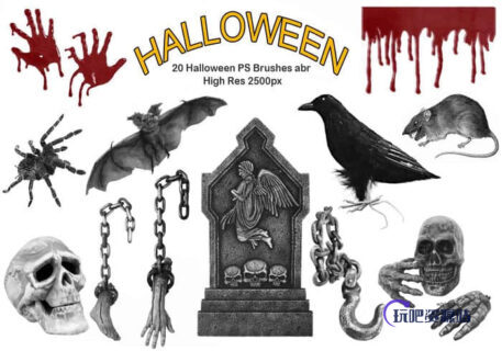 20个万圣节恐怖元素装扮Photoshop笔刷下载-玩吧资源站