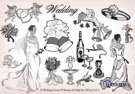 20种婚礼元素装扮图形PS笔刷下载-玩吧资源站