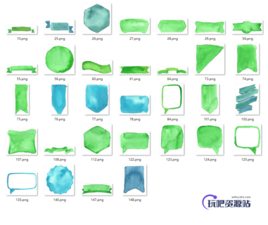水彩、水墨涂鸦气泡框、标签、对话框、横幅图案PS笔刷素材下载-玩吧资源站