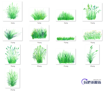 漂亮水彩、水粉、水墨画式青草、小草图形PS笔刷下载-玩吧资源站