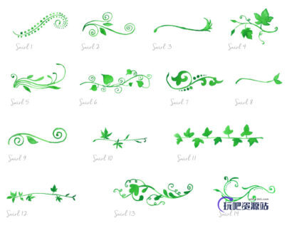 漂亮水彩、水粉植物绿叶花纹图案Photoshop笔刷素材-玩吧资源站