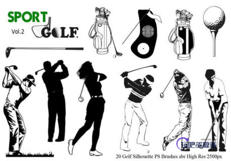 高尔夫器材、高尔夫选手Photoshop笔刷素材-玩吧资源站