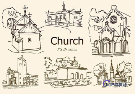 20种手绘线框样式教堂房子造型PS笔刷下载-玩吧资源站
