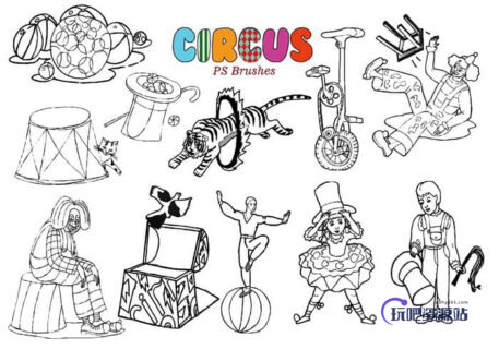 20种手绘小丑造型、卡通马戏团小丑PS笔刷下载-玩吧资源站