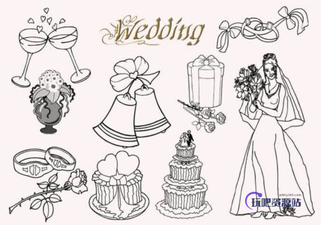 婚礼蛋糕、铃铛、新娘、酒杯、玫瑰花、戒指等线框图形PS笔刷素材下载-玩吧资源站