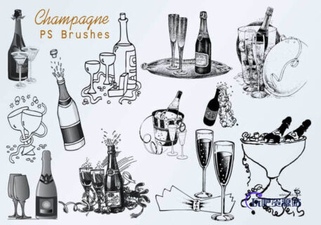 20种香槟图形、酒瓶与酒杯Photoshop笔刷素材-玩吧资源站